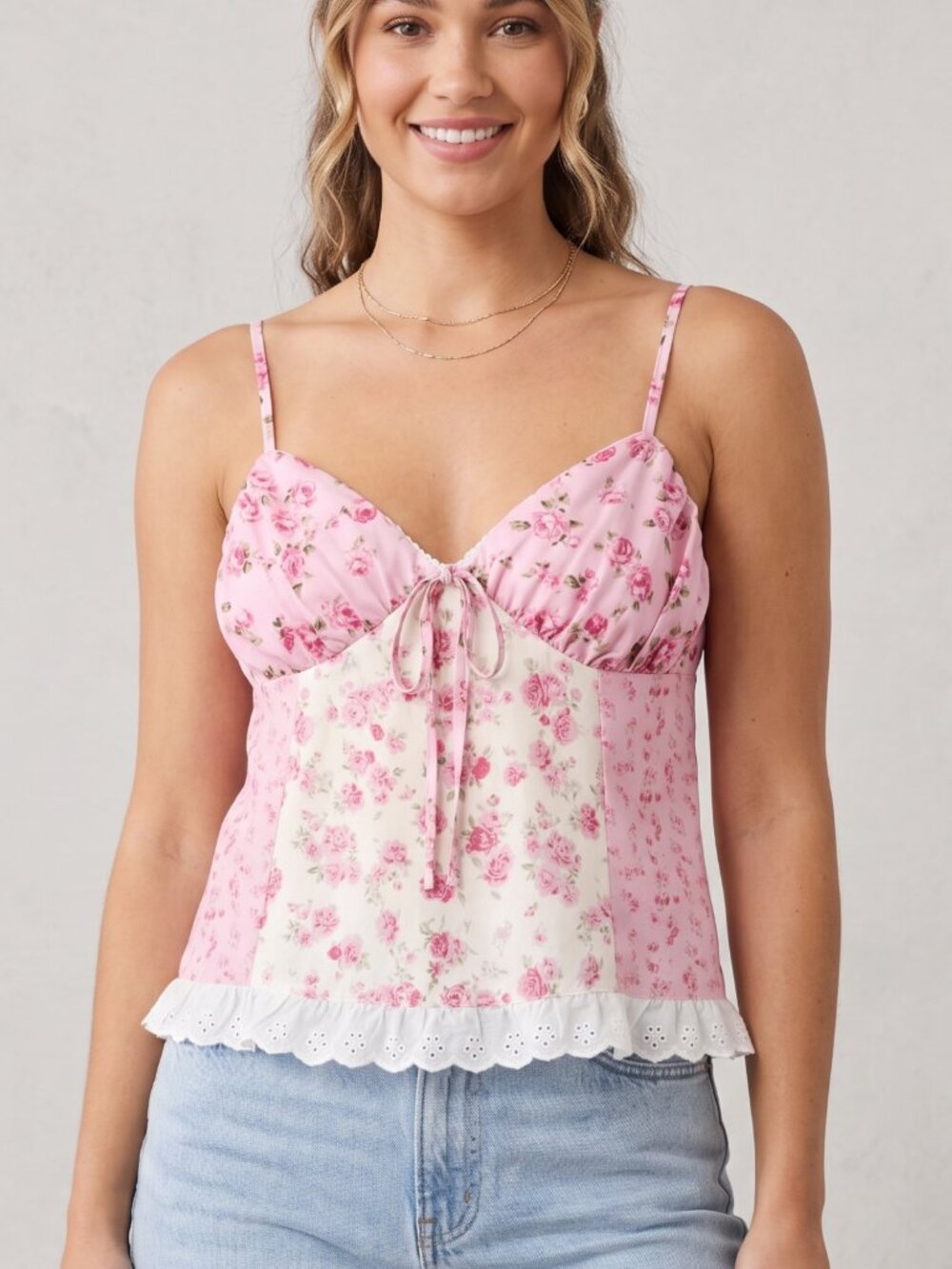 NWT YEENILY Pink Floral Patchwork Tie Front Babydoll Cami Tank Top Medium